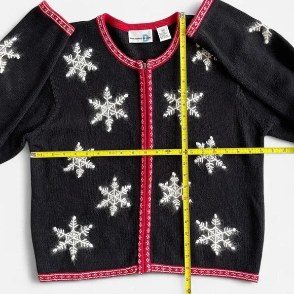 Paul Harris Design Black Knit Red Trim Knit Cardigan  Embroidered Snowflakes M - Picture 6 of 7